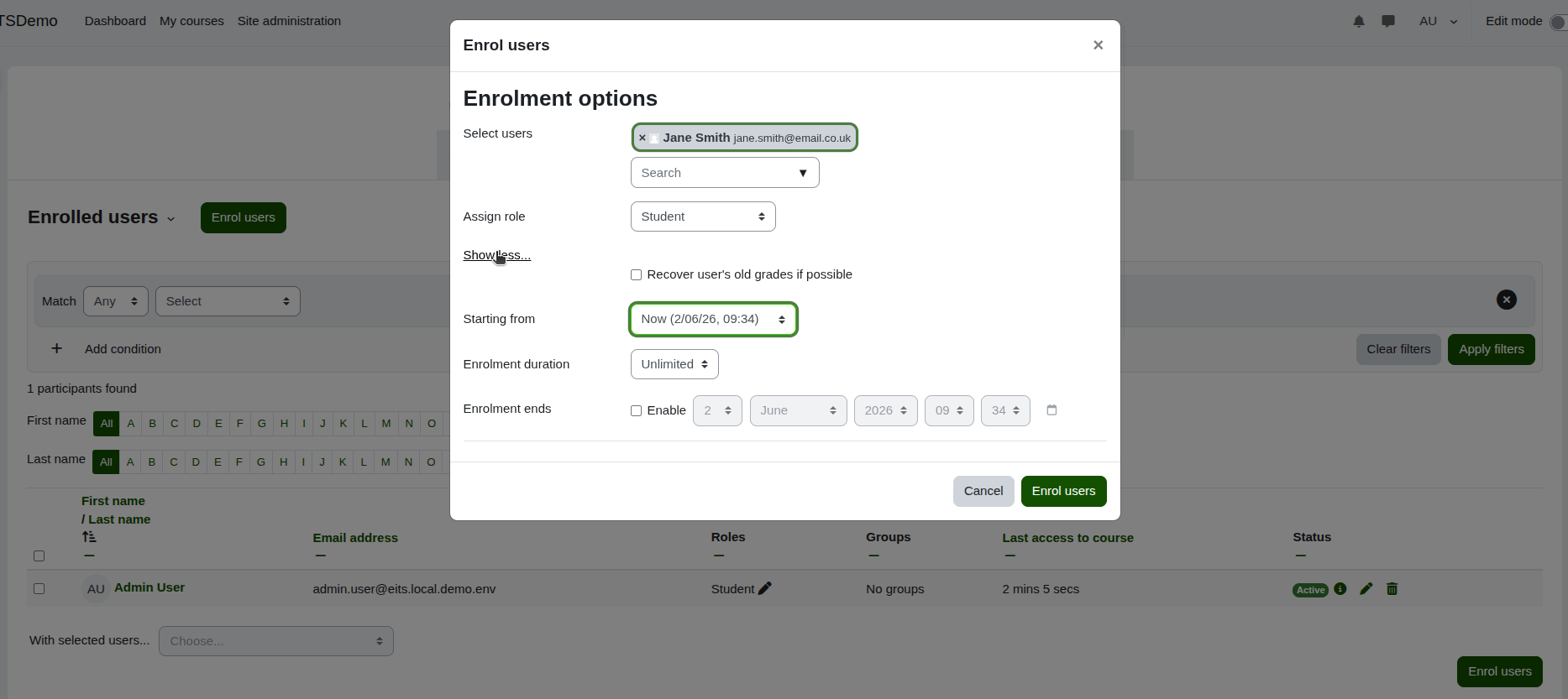 Enrollment options window with user selection and role assignment settings