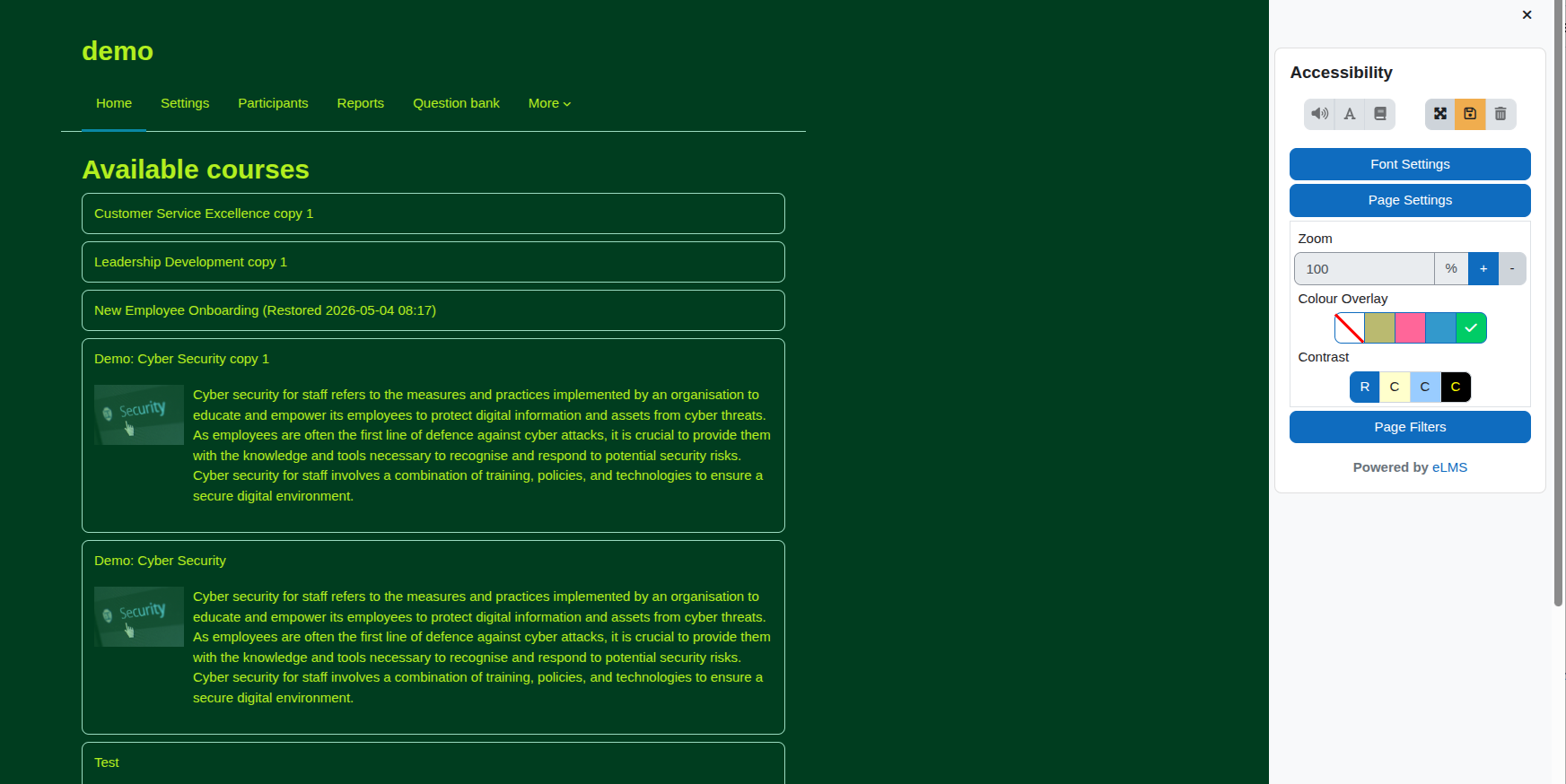 A webpage displaying a list of available courses with accessibility settings on the right