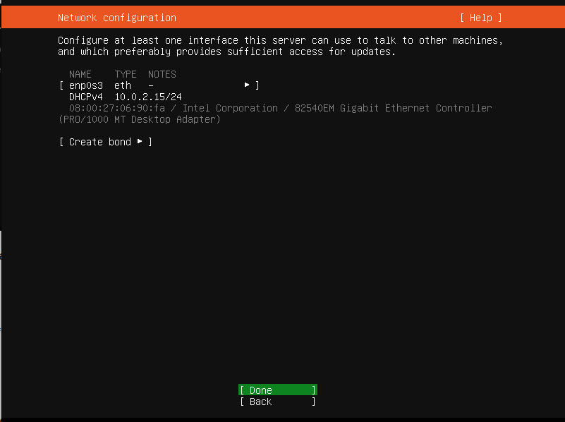 Network configuration screen showing interface details and options for creating a bond