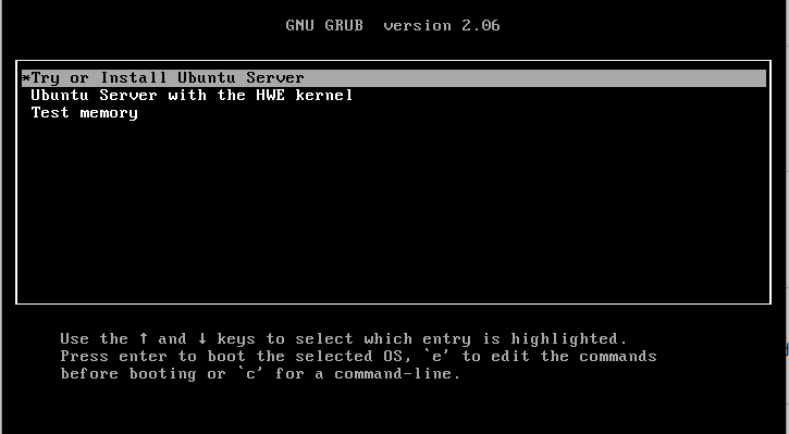 GNU GRUB menu with options to try or install Ubuntu Server and test memory