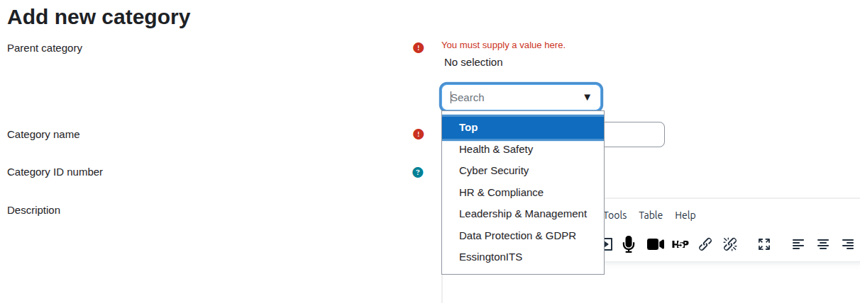 Dropdown menu for selecting a parent category in a form to add a new category