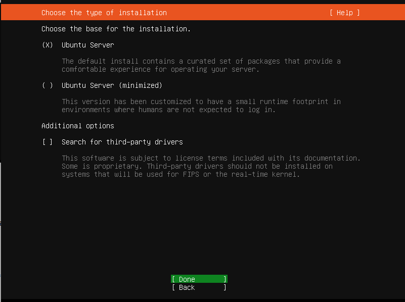 Ubuntu Server installation screen with options for full or minimized installation and third-party driver search