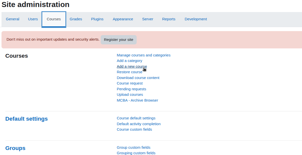 Site administration page showing course management options and default settings