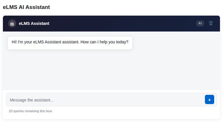 A chat interface with a message from eLMS Assistant asking how it can help