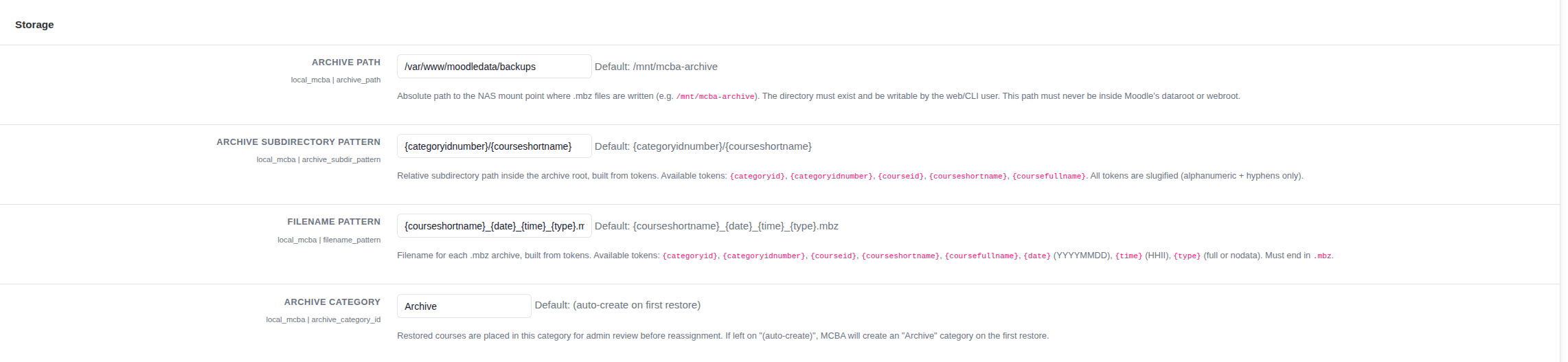 Screenshot of a storage settings page with archive details and file name patterns