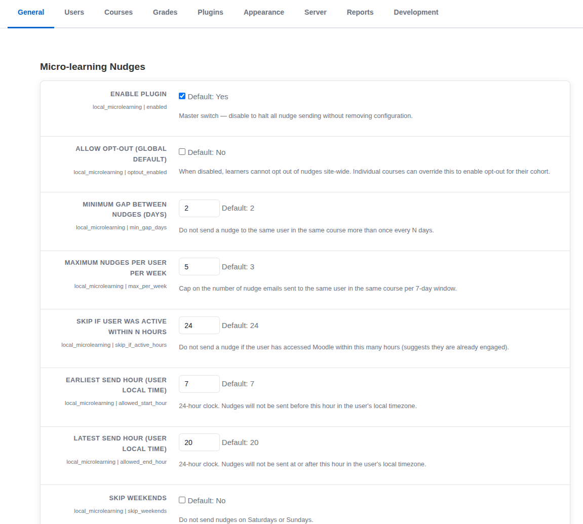 Settings page for configuring micro-learning nudges with various options and default values