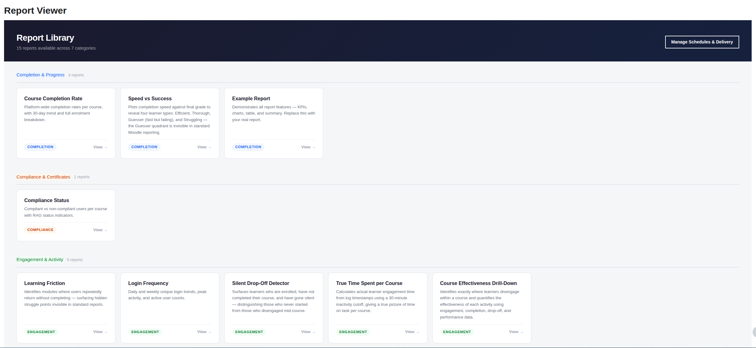 A report viewer interface displaying various report categories and options