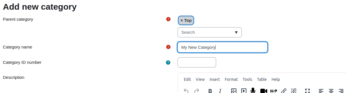 A form interface for adding a new category with fields for name and ID