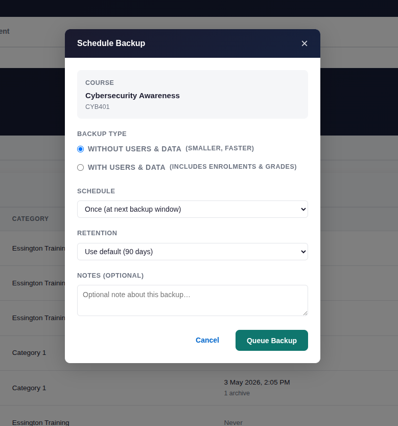 Backup scheduling window for a Cybersecurity Awareness course with options for backup type and schedule