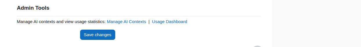 Admin tools interface with options to manage AI contents and view usage statistics