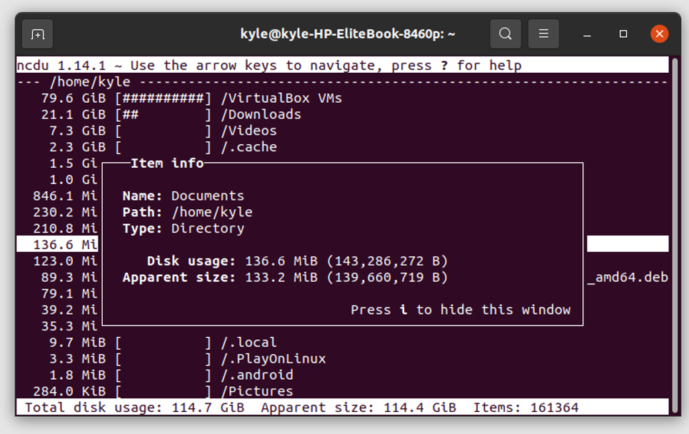 A terminal window displaying disk usage analysis with a highlighted directory