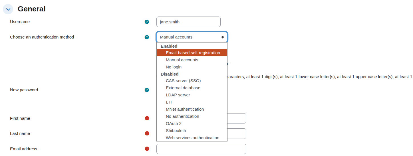 A dropdown menu showing authentication methods on a registration form