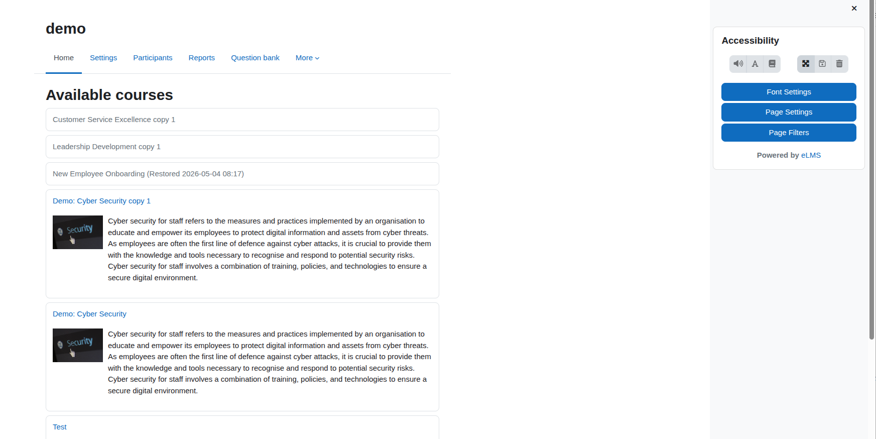 A webpage displaying a list of available courses with descriptions and accessibility settings