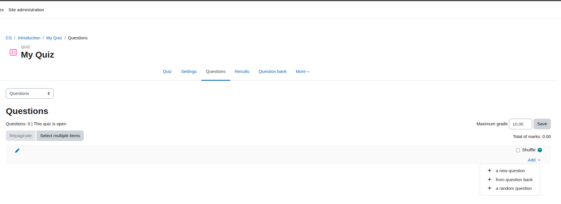 A quiz administration page showing options for questions, settings, and results