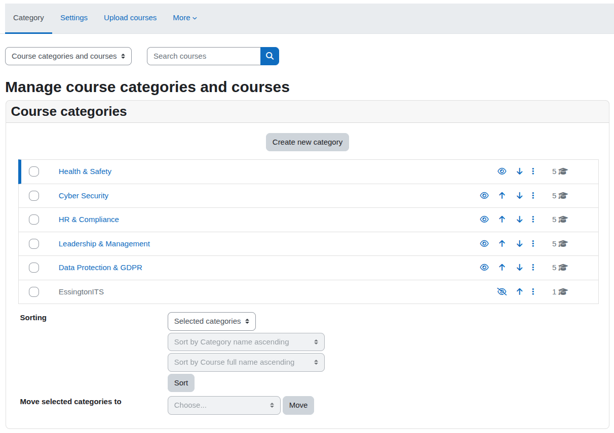 Course management interface showing categories like Health & Safety, Cyber Security, and HR & Compliance