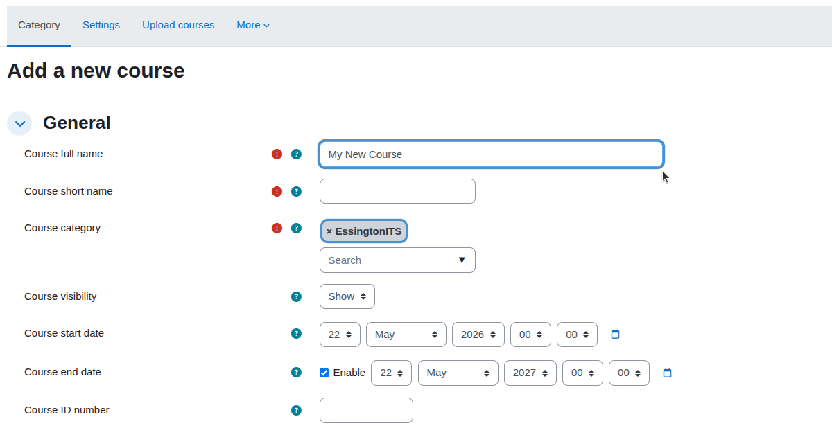 Form interface for adding a new course with fields for name, category, and dates