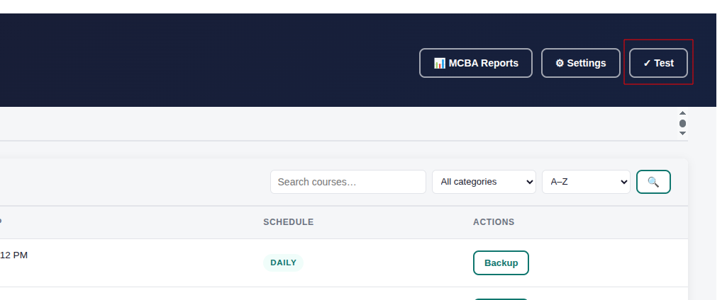 A dashboard interface with options for MCBA Reports, Settings, and Test