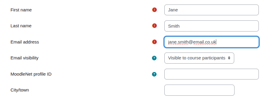 Form fields filled with example information for a user profile