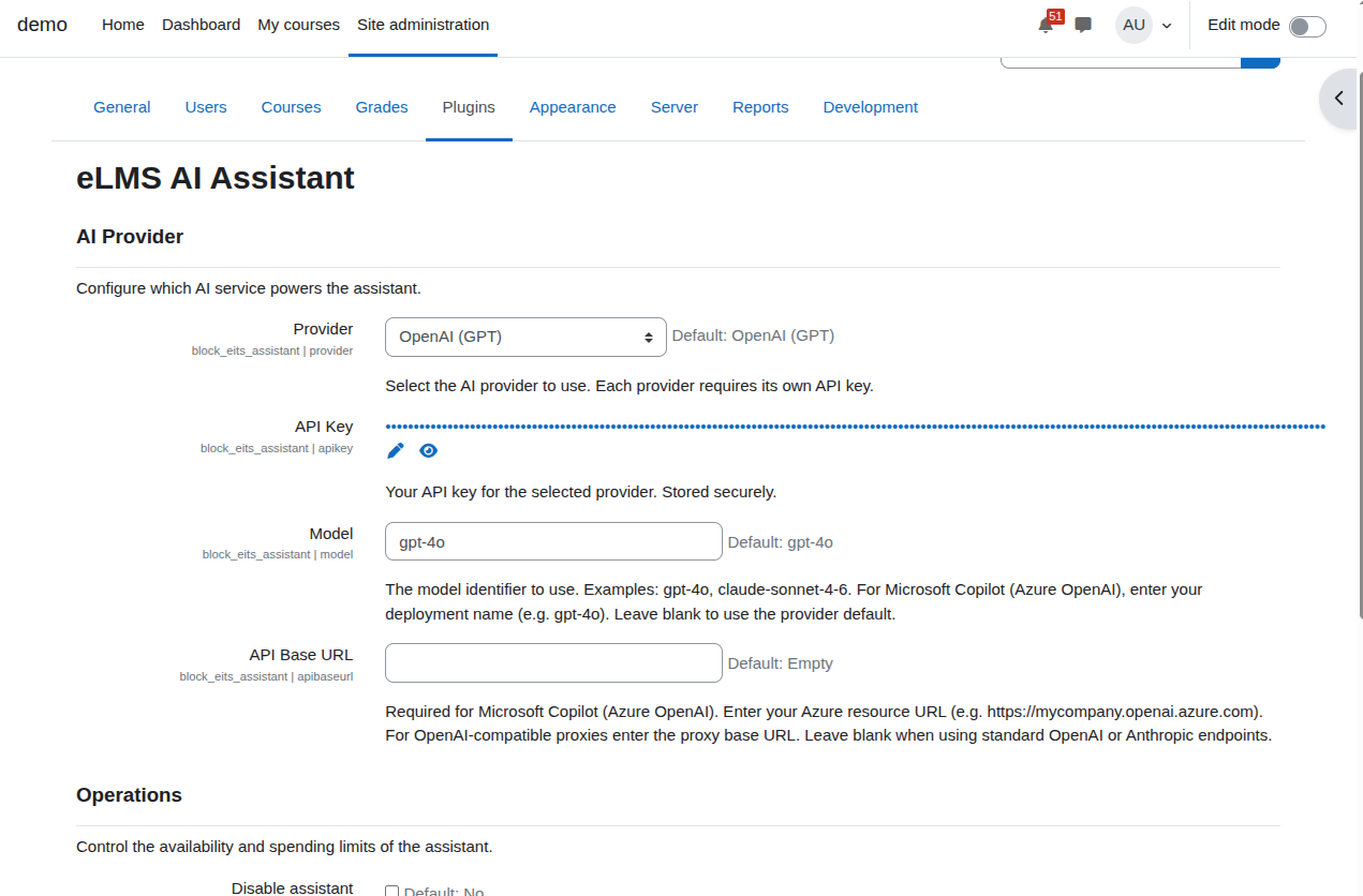 Settings page for configuring an AI provider in eLMS AI Assistant