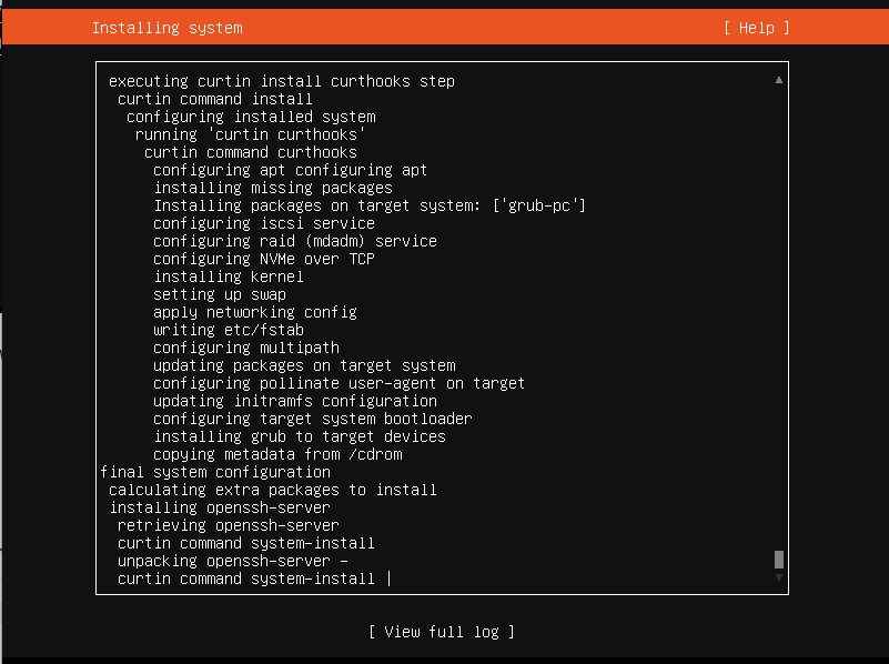 Text-based installation log showing various system configuration steps