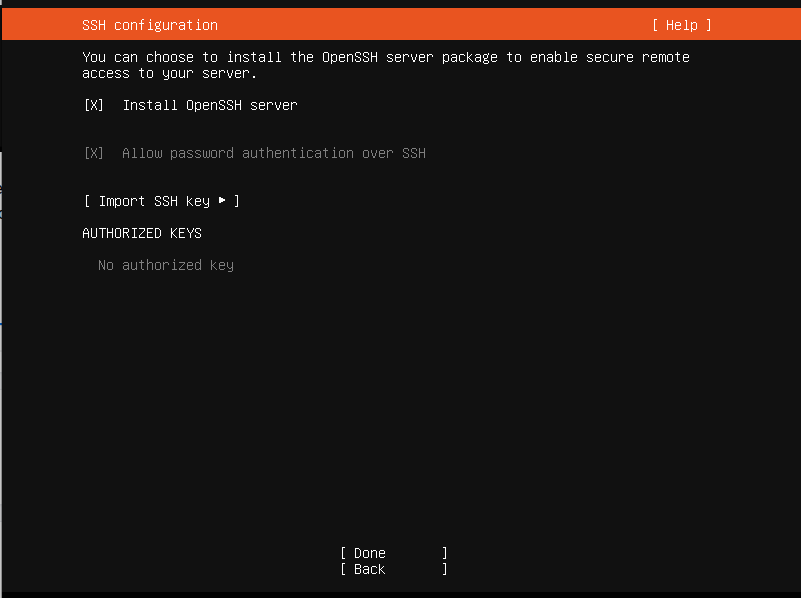 SSH configuration screen with options to install OpenSSH server and allow password authentication