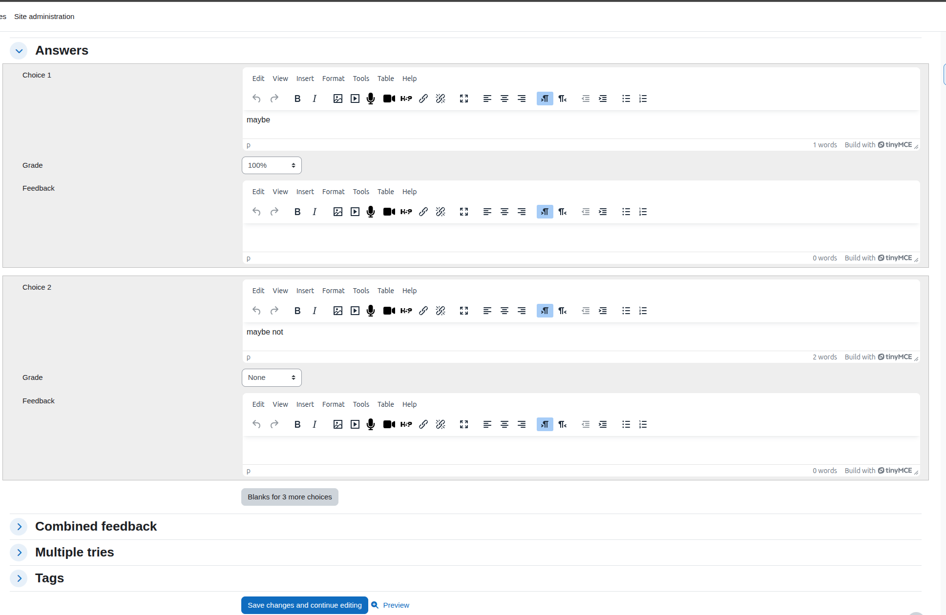A form interface with sections for answers, grading, and feedback options