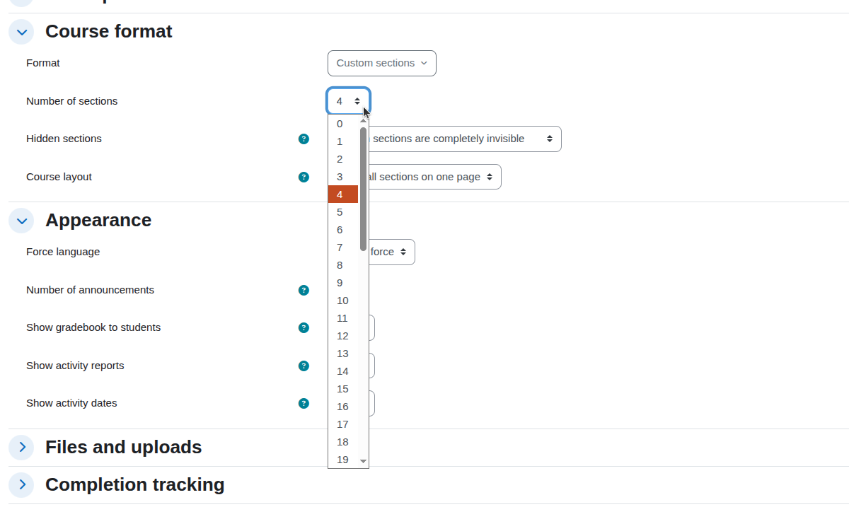 Dropdown menu showing the selection of the number of sections in a course format settings page