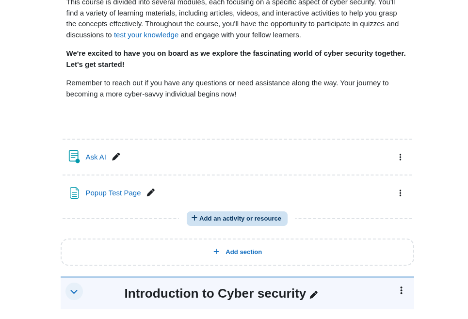 A webpage showing a course introduction to cybersecurity with options to add activities or resources