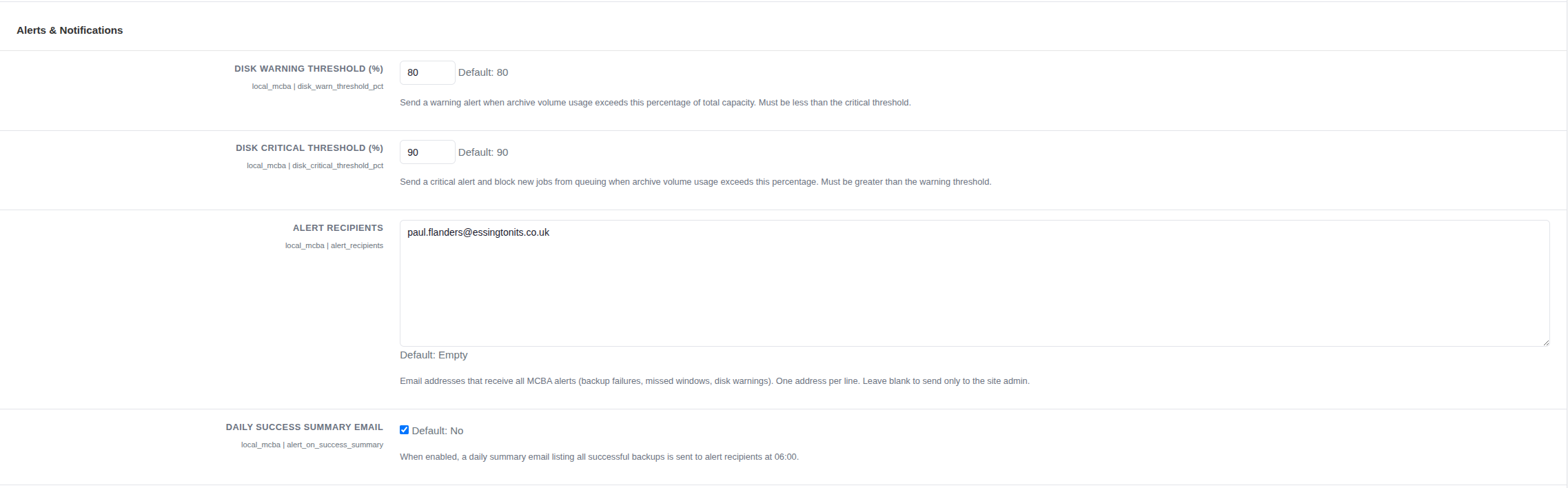 Email alert settings and thresholds configuration screen