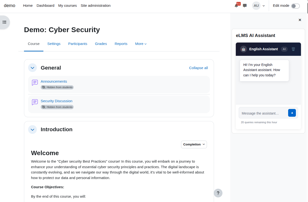 Cyber security course dashboard with announcements and AI assistant chat
