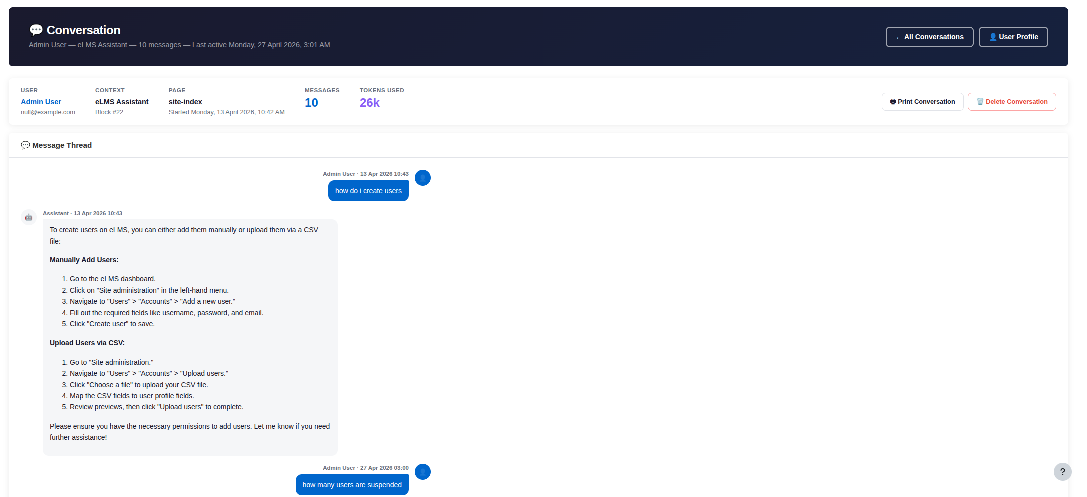 A screenshot of a conversation thread with instructions on creating users manually or via CSV