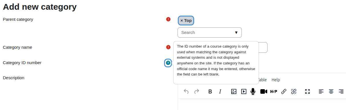 Screenshot of a form for adding a new category with a tooltip explanation