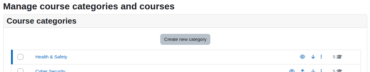 Course management interface with options to create and organize categories