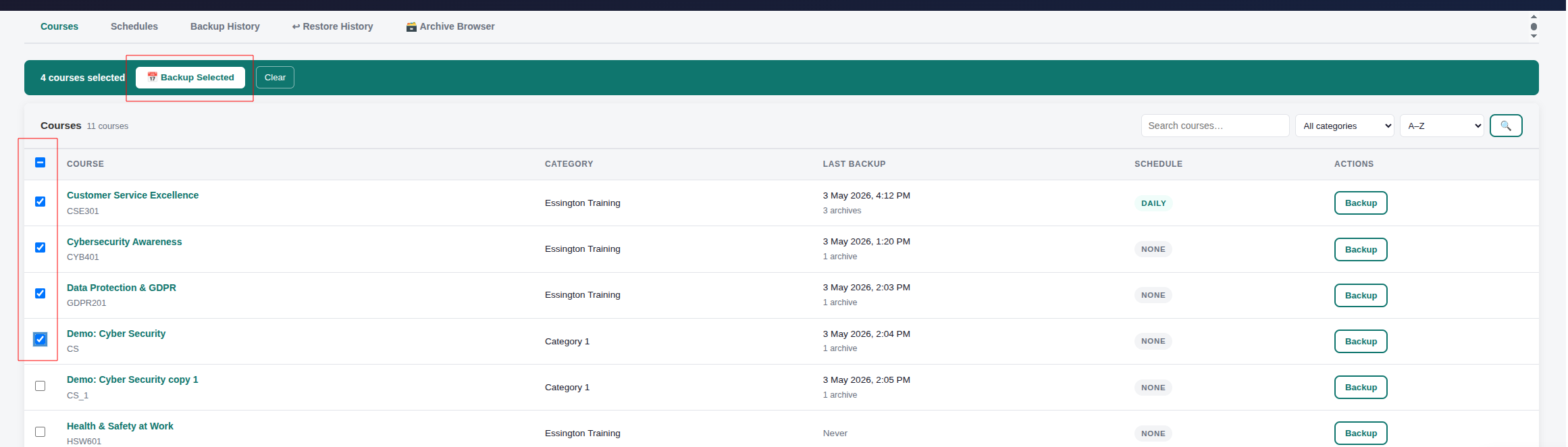 A dashboard displaying a list of courses with backup options