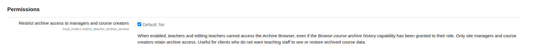 Permissions settings for restricting access to the archive browser are displayed