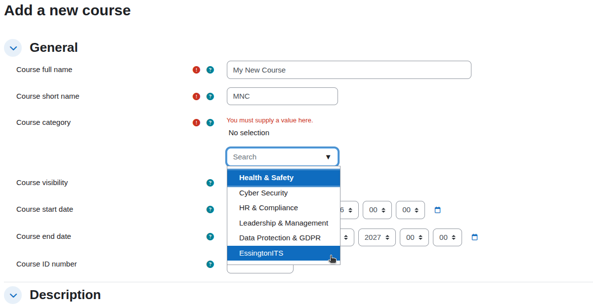 Form interface for adding a new course with a dropdown menu for course categories