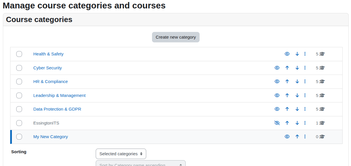 Course management interface with categories like Health & Safety and Cyber Security listed