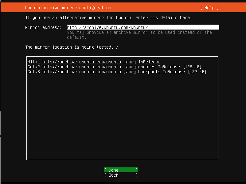 Ubuntu archive mirror configuration screen with mirror address and testing status