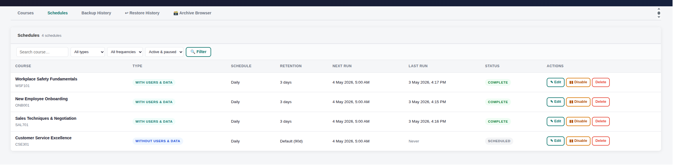 A dashboard displaying a list of scheduled courses with details and action buttons