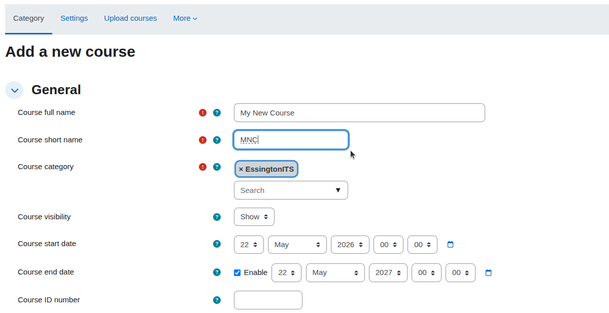 Online form for adding a new course with fields for name, category, and dates