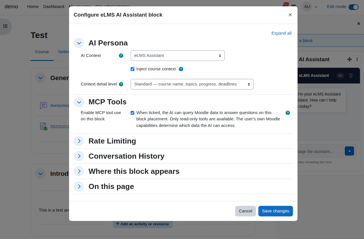 Configuration settings for an AI Assistant block in a software interface