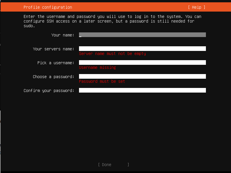 Profile configuration screen with fields for name, server name, username, and password, showing error messages