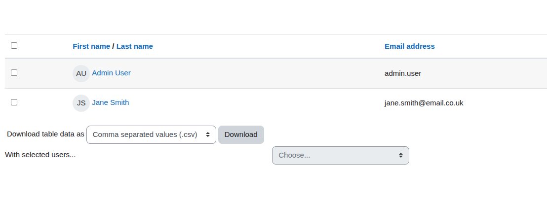 A user interface showing a table with user details and download options