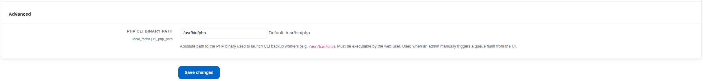 A webpage showing an advanced settings section with a save changes button