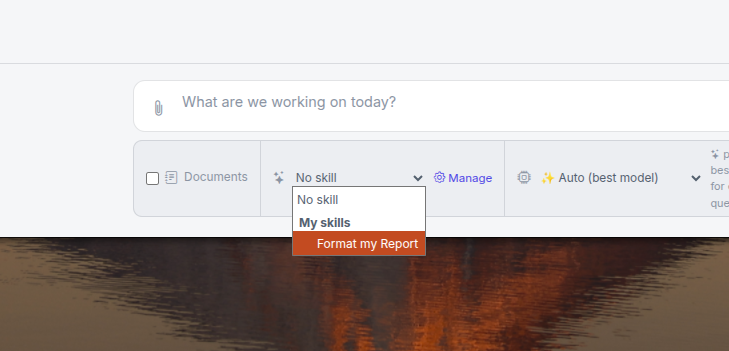 Dropdown menu showing options "No skill" and "My skills" with "Format my Report" highlighted