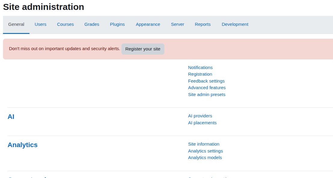 Site administration dashboard with options for AI, Analytics, and site settings