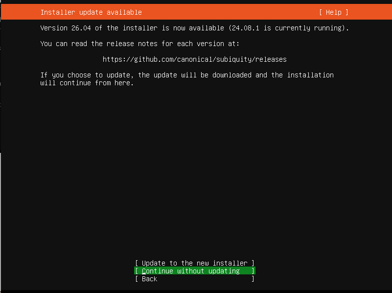 Installer update prompt with options to update, continue without updating, or go back