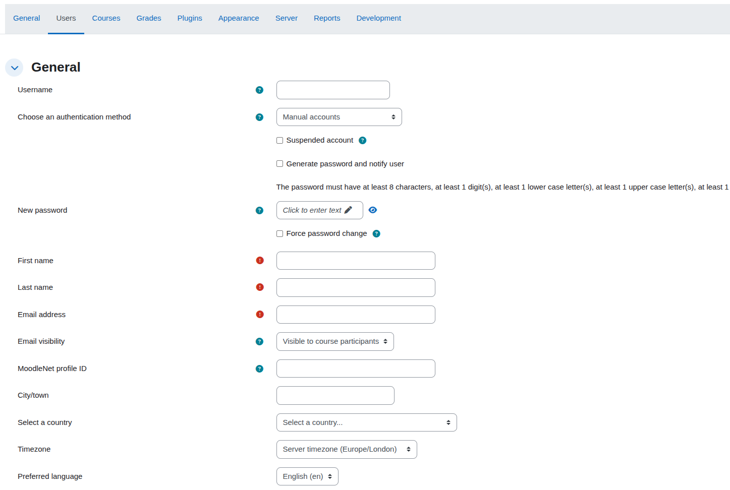 User account settings page with fields for username, password, and personal information