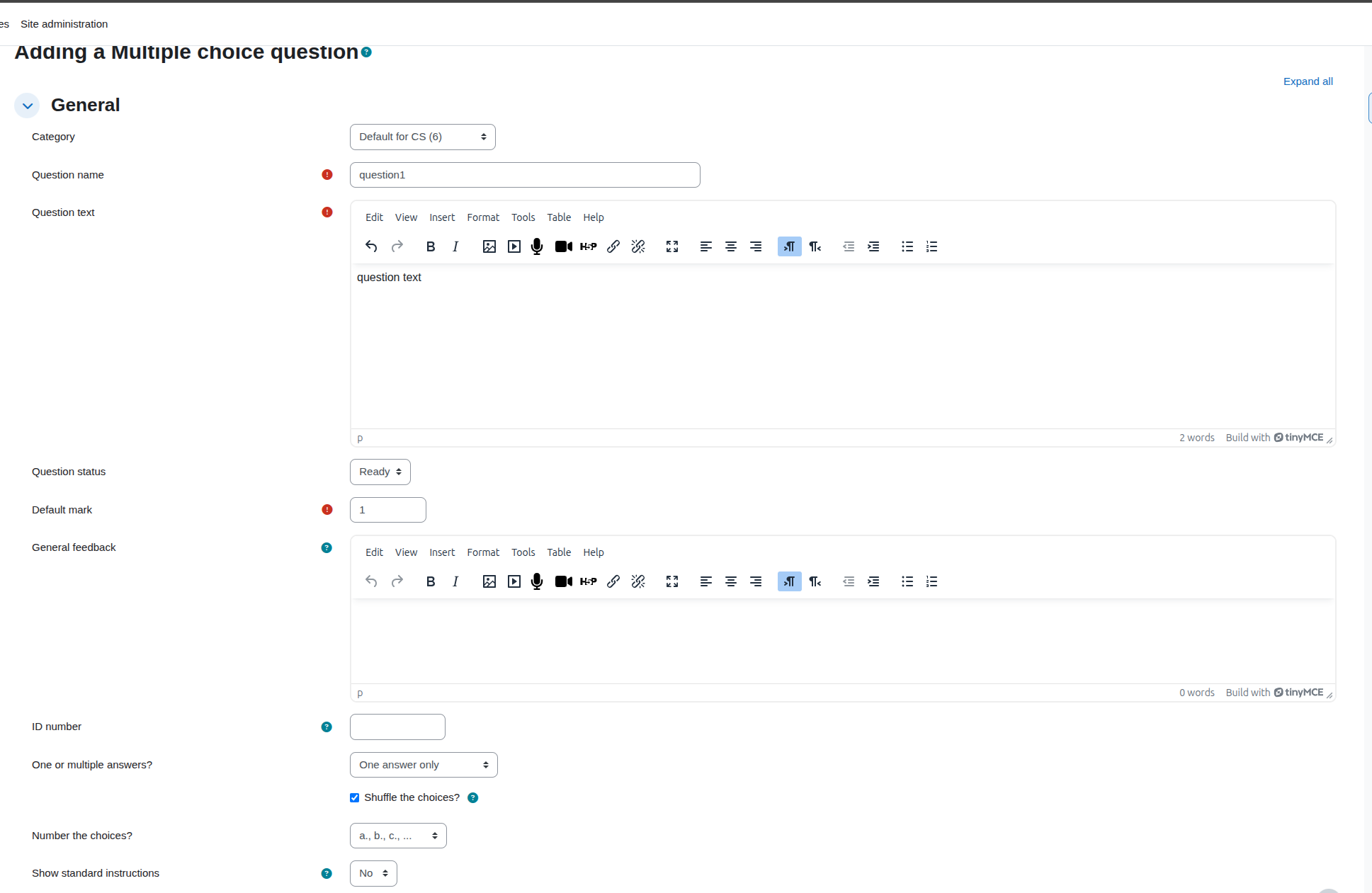 Interface for adding a multiple choice question with text input fields and formatting options