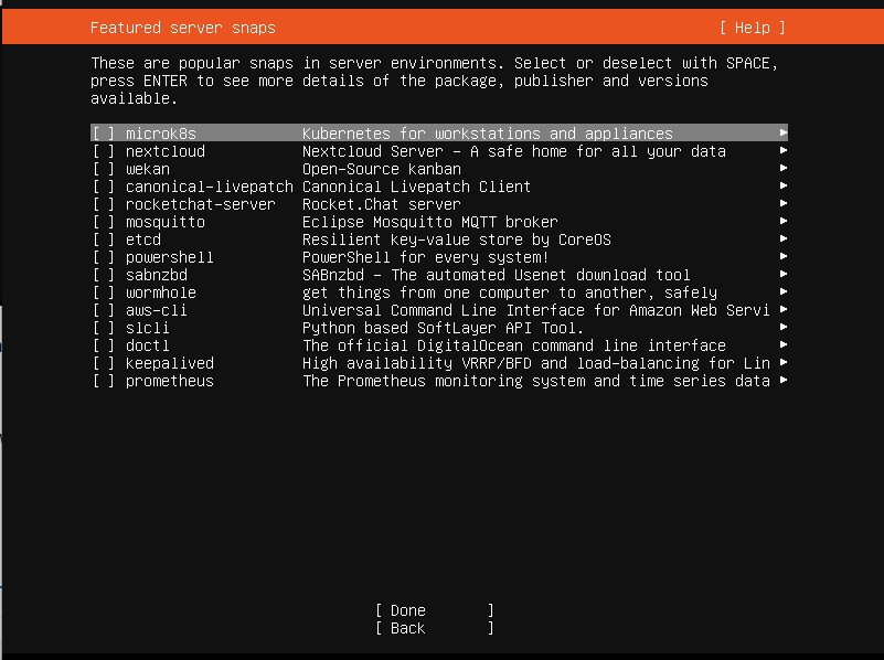 Server snaps selection screen with various software options listed for installation